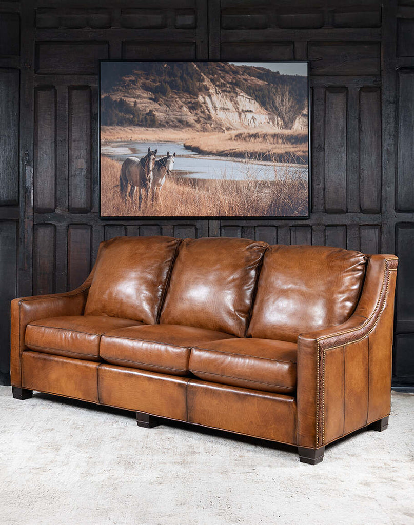 Colorado Leather Sofa showcasing its straight-line design, hand-burnished leather, and timeless ranch-style aesthetic.