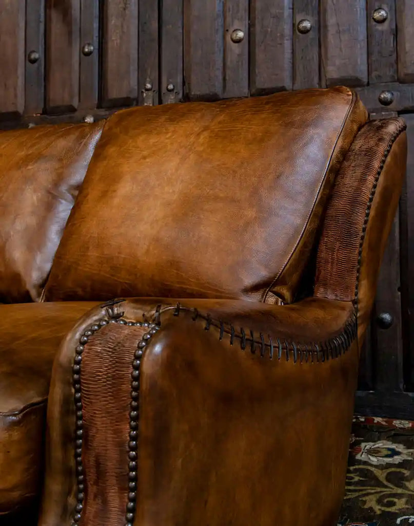 A close-up of the Cowboy Leather Sofa cushions, made with high-density foam for long-lasting comfort and durability.