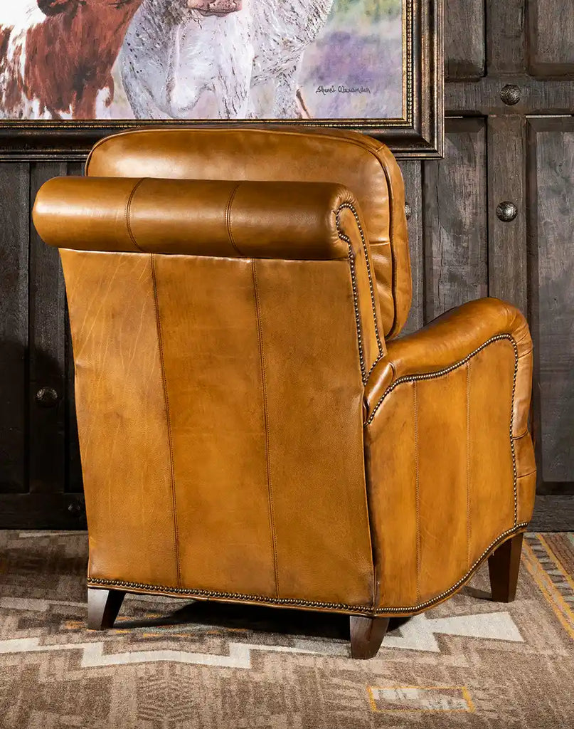 Back view of the Cullen Saddle Leather Recliner highlighting the clean lines and polished leather finish.