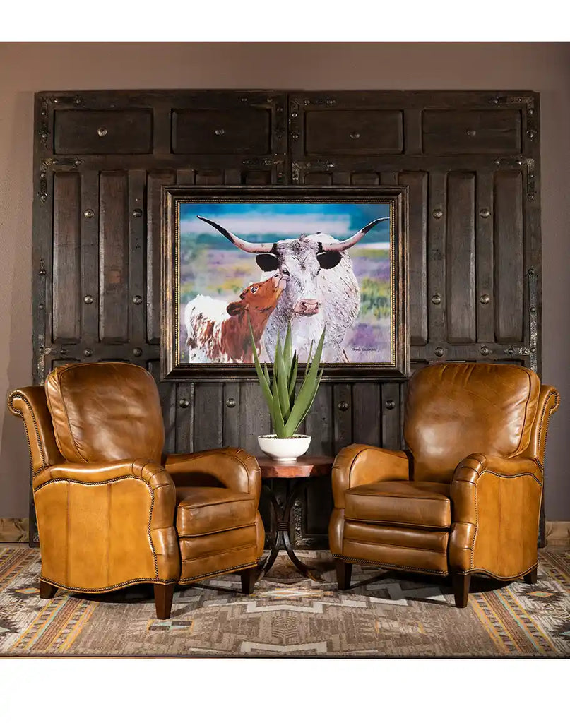 The Cullen Saddle Leather Recliner styled in a ranch-inspired living room, adding timeless elegance and comfort.