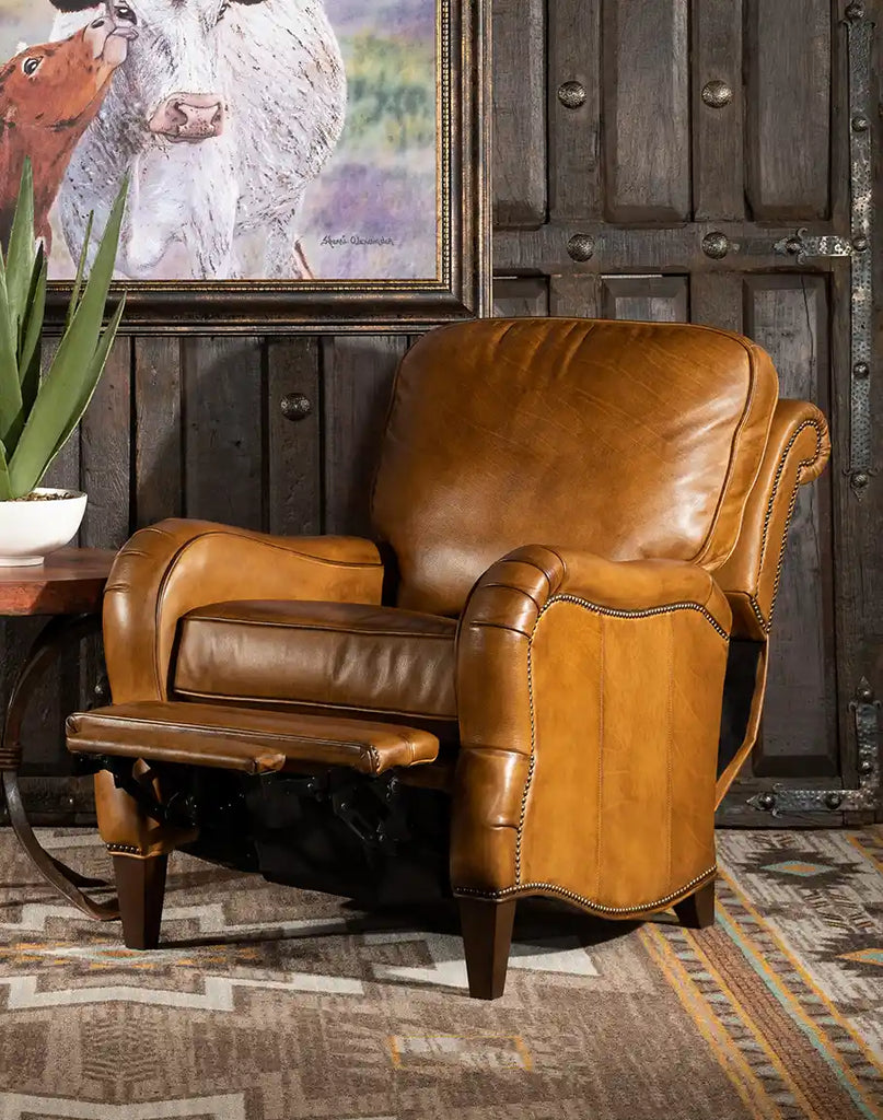 The Cullen Saddle Leather Recliner in a fully reclined position, demonstrating its comfort and versatility.