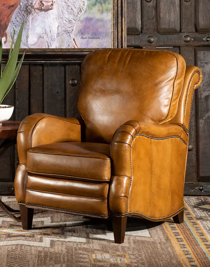 Side view of the Cullen Saddle Leather Recliner highlighting its sleek profile and comfortable reclining mechanism.