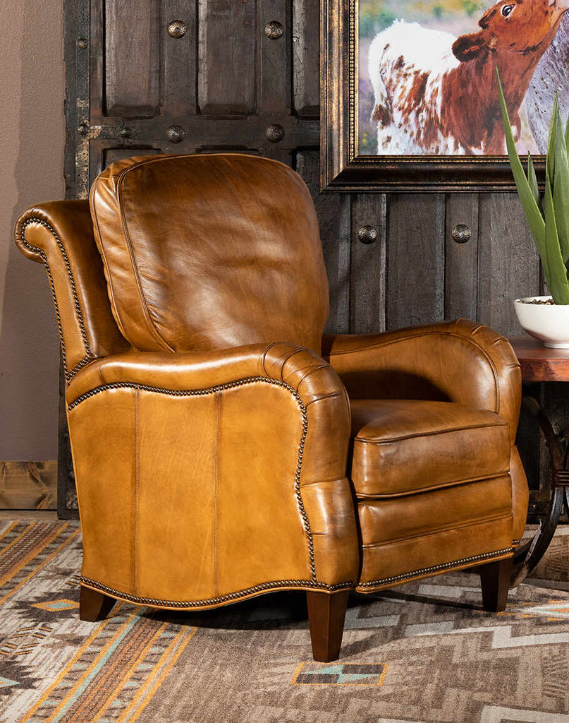 Cullen Saddle Leather Recliner showcasing its hand-burnished artisan leather and classic ranch-style design.