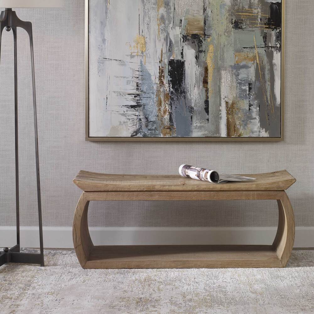 Reclaimed elm wood bench with a curved scooped seat and natural distressed finish, showcasing rich graining.