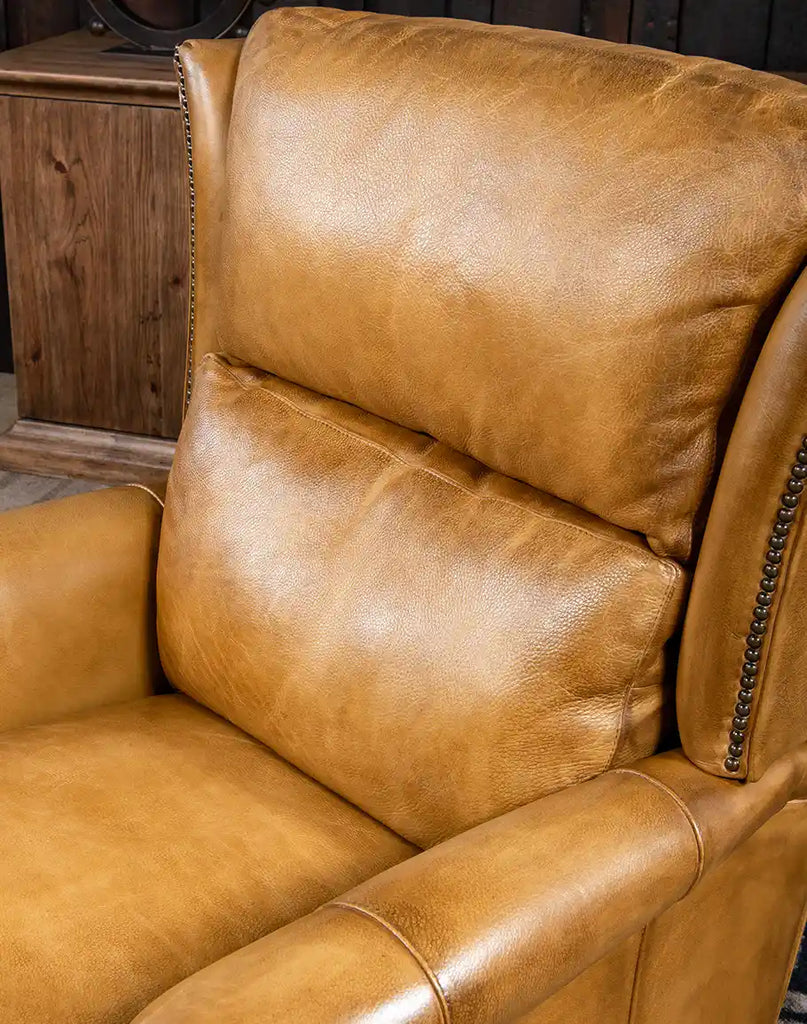 Close-up of the high-density cushioning on the seat of the St. Lauriat Leather Recliner.