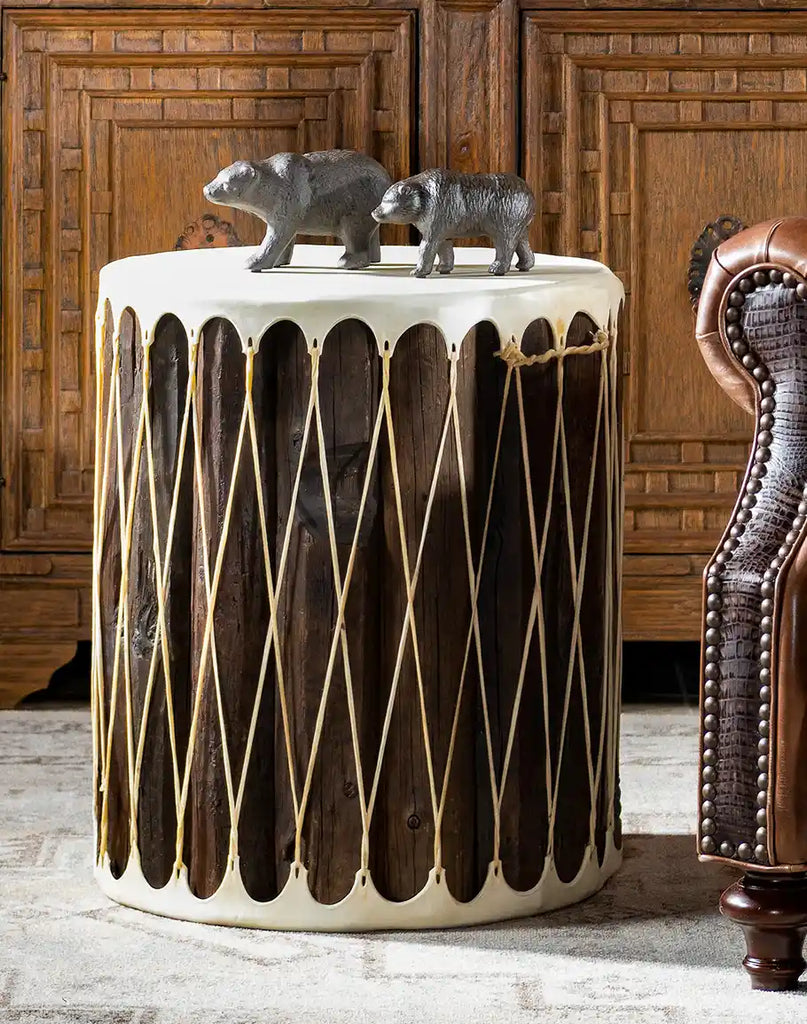 Cylinder Accent Table showcasing its unique drum-inspired design and rich wood finish.