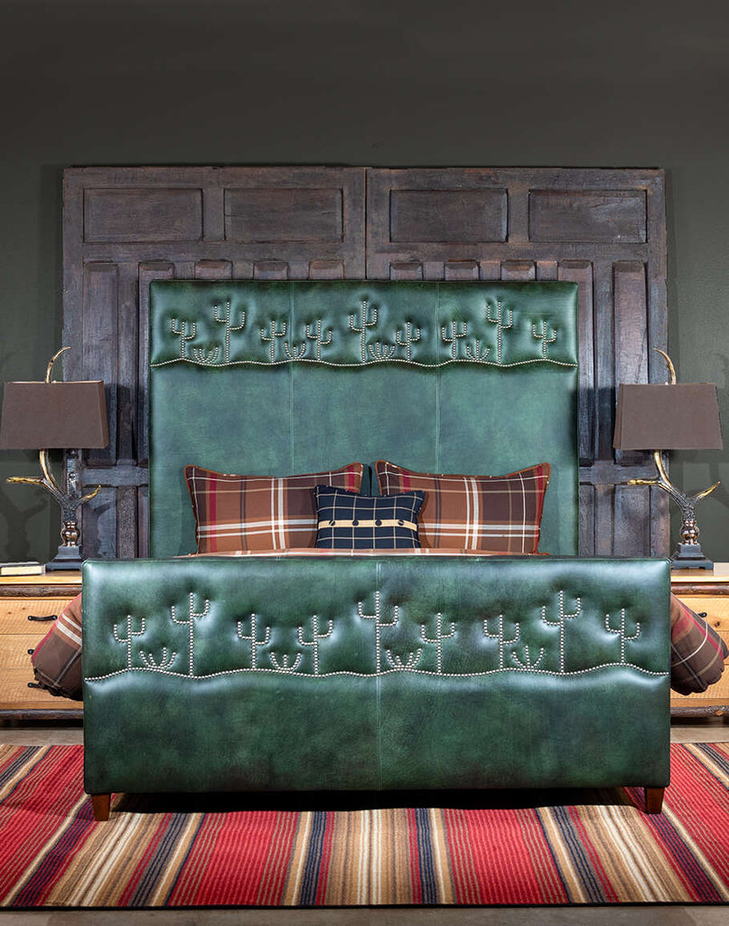 Dark Green Cacti Bed showcasing its luxurious dark green leather upholstery and intricate design.