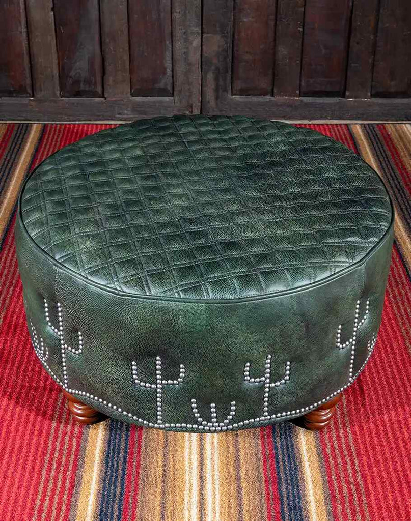 Dark Green Cacti Ottoman showcasing its luxurious dark green leather upholstery and elegant craftsmanship.