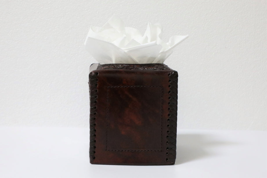 Brown leather tissue clearance box holder