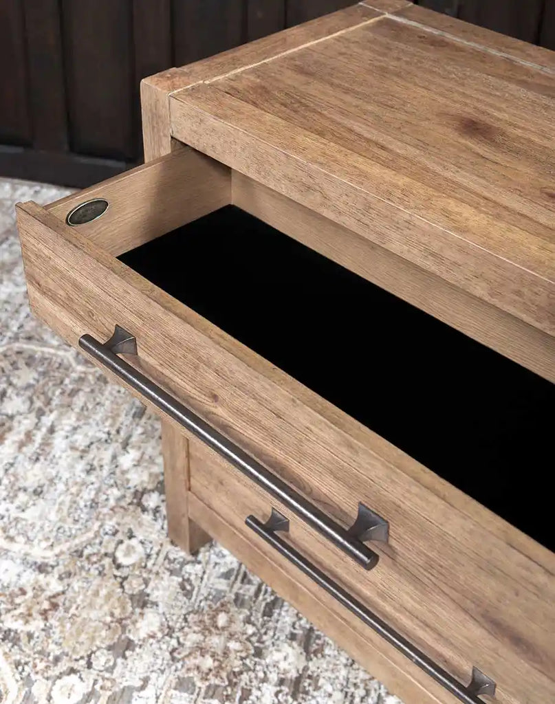 An open view of the top drawer of the Desert Sand Triple Drawer Nightstand, showcasing the removable black felt liner for protecting fragile items.