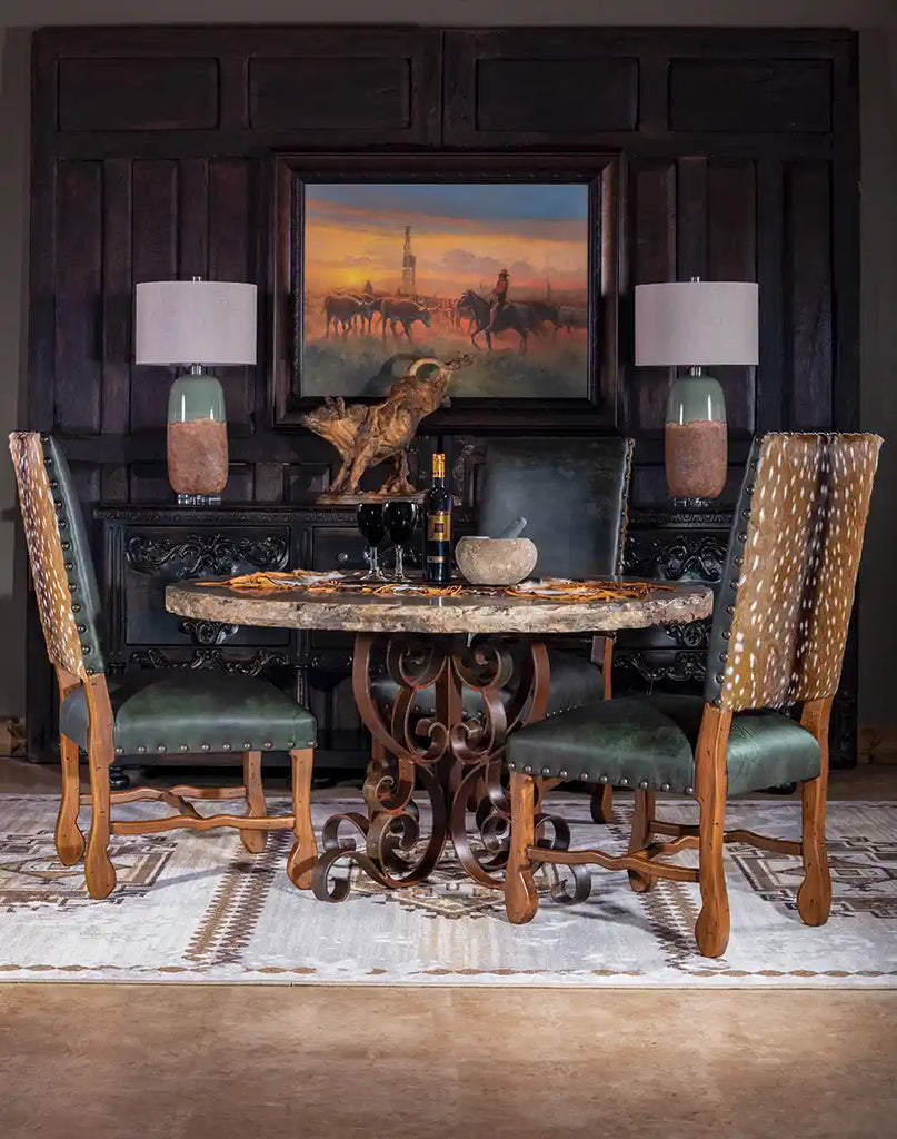 The Forest Green Saguaro Leather Dining Chair placed in a rustic dining room, complementing the cozy ambiance.