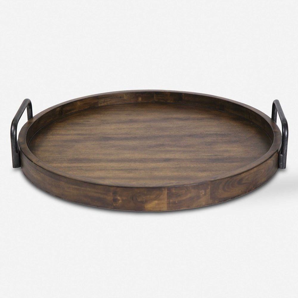 Rustic serving tray crafted from acacia wood, complemented by sturdy black iron handles for a classic and functional farmhouse look.