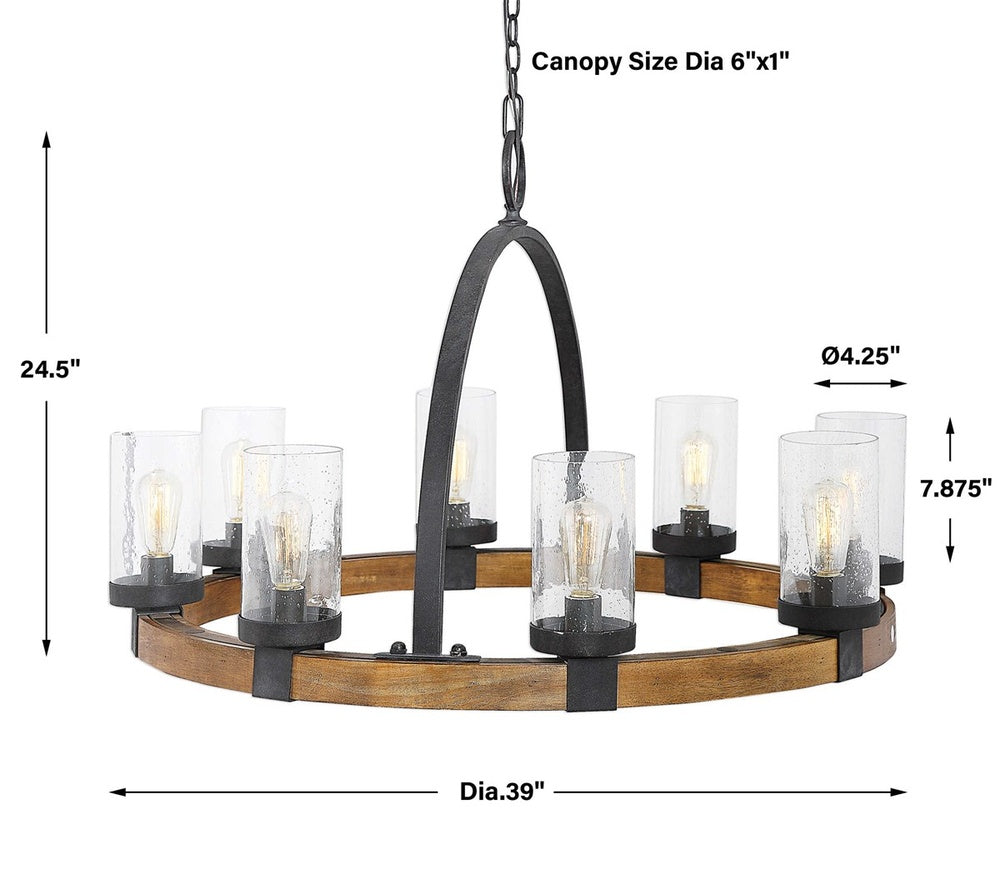 Wooden chandelier with iron-wrapped frame, deep bronze finish, and adjustable chain, blending industrial and rustic design elements.