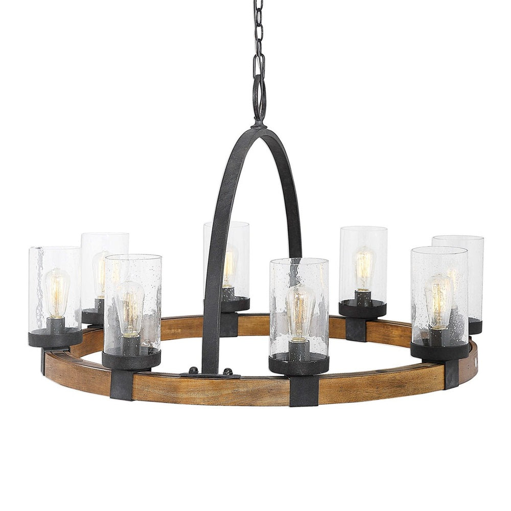 Rustic wooden wagon wheel chandelier with clear seeded glass shades, featuring a mid-tone finish and deep weathered bronze iron accents.