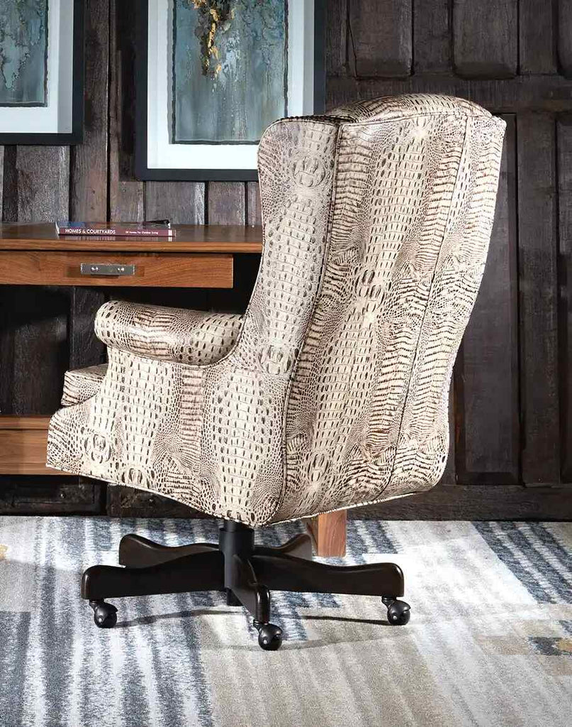 Close-up of the handcrafted backrest of the Elise Executive Desk Chair, highlighting the intricate ivory croc leather texture.