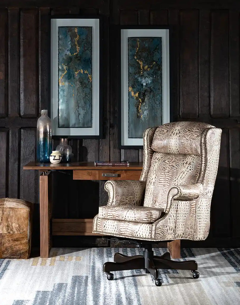 The Elise Executive Desk Chair placed in a stylish office setting, blending functionality with timeless elegance.