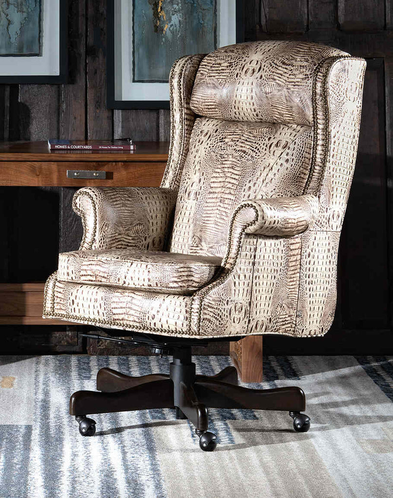 Elise Executive Desk Chair featuring stamped ivory croc leather and elegant ranch-style design.