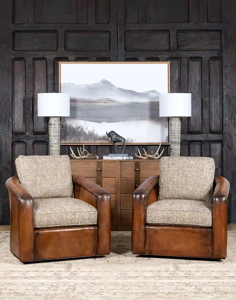 The Elsa Cocoa Swivel Chair placed in a refined ranch-style living room, complementing the rustic décor.