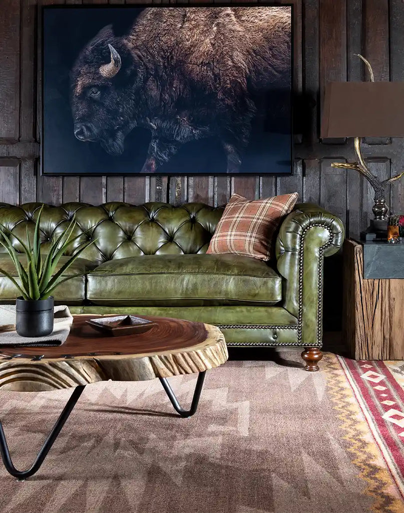 Stylish living room featuring the Evergreen Chesterfield Sofa paired with neutral decor for a timeless look.