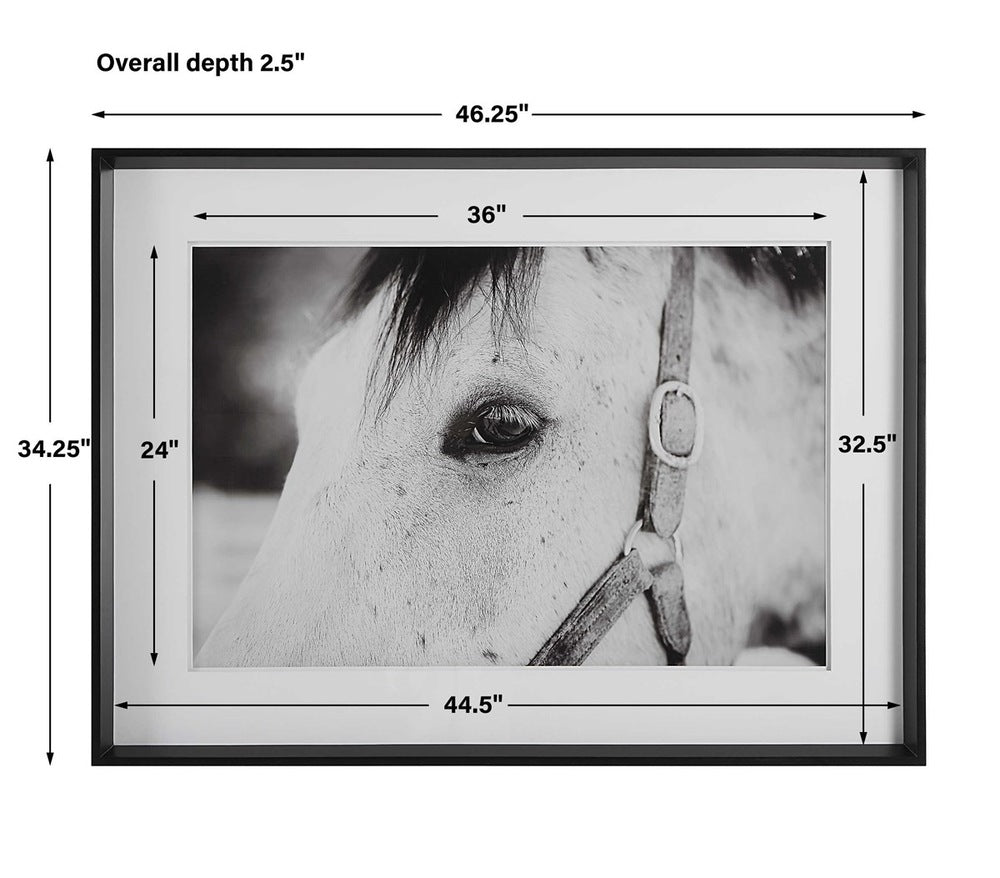 Black-and-white equine print showcasing layered details.