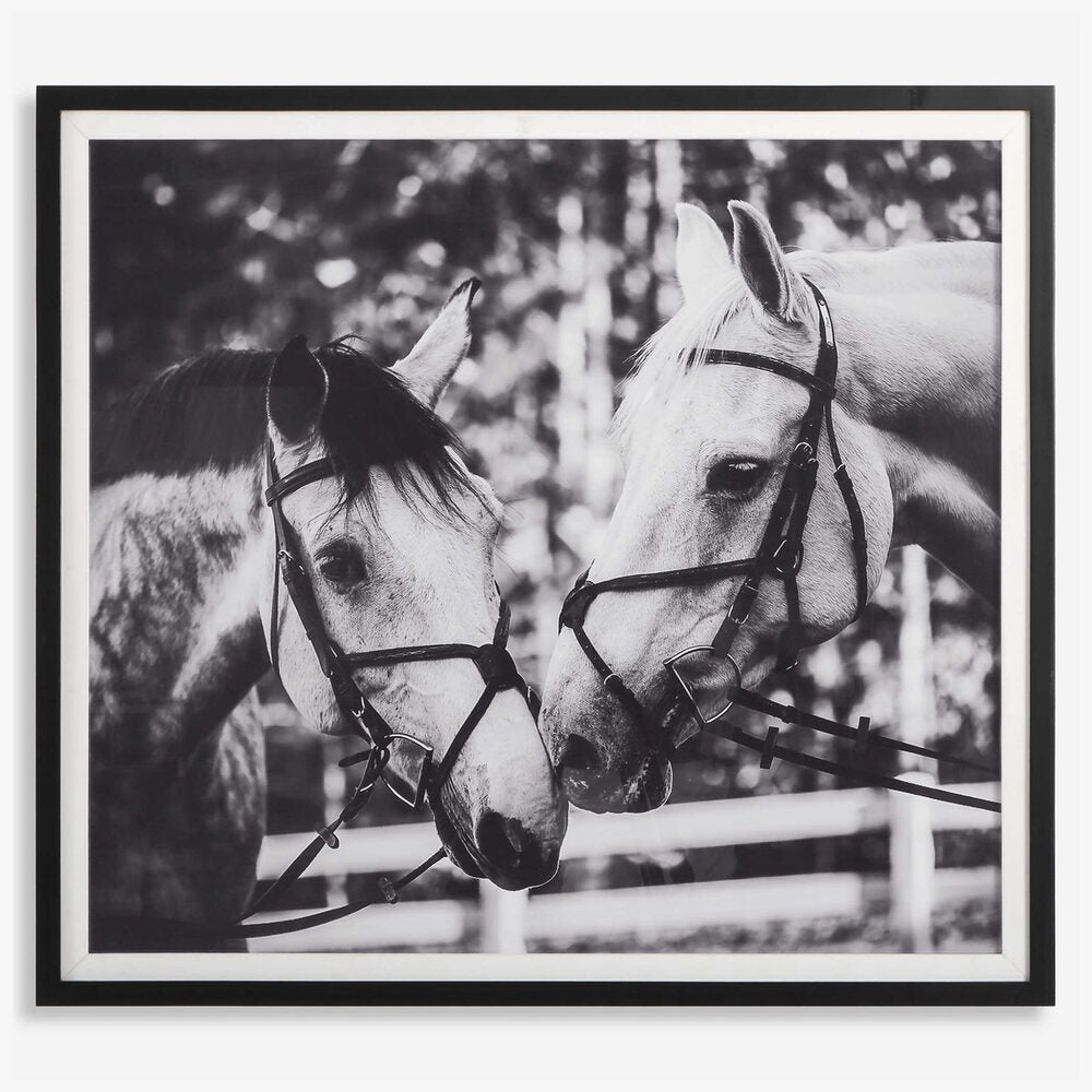 Decorative equestrian-themed artwork in grayscale with two horses in focus.