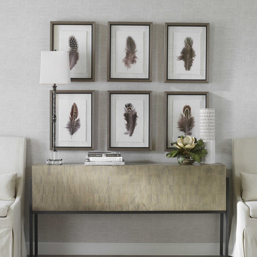 Rustic framed feather art featuring flying species in earthy tones with a textured paper background.