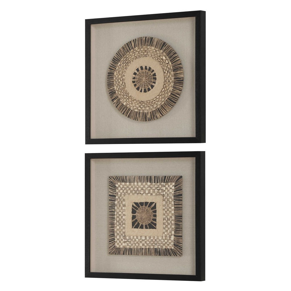 Square and circular woven wall art with natural tones framed in satin black pine wood, paired with neutral ceramic vases on a console.