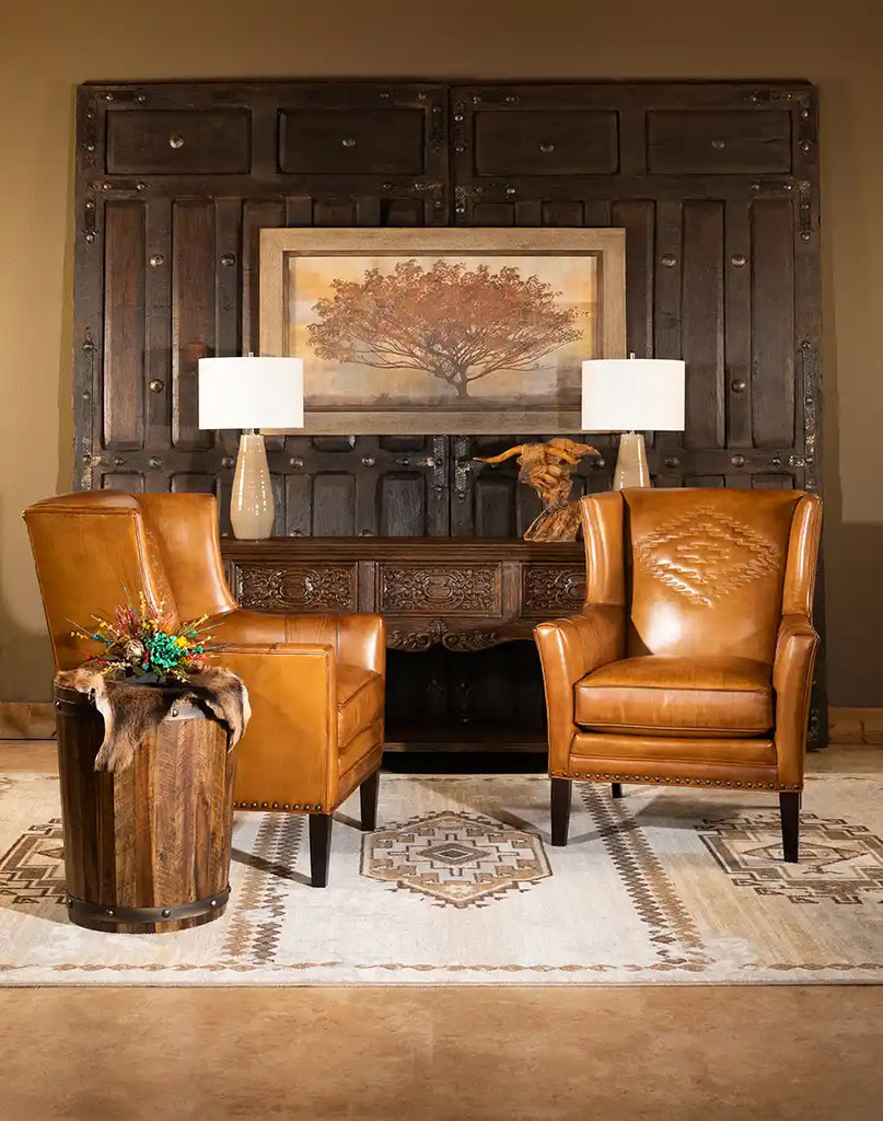 Image showcasing the French Leather Chair adorned with decorative accents, highlighting its versatility and style.