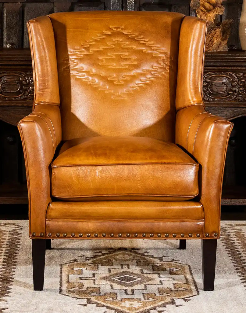 Front-facing image showcasing the full design of the French Leather Chair, highlighting its fine, supple leather and intricate detailing.