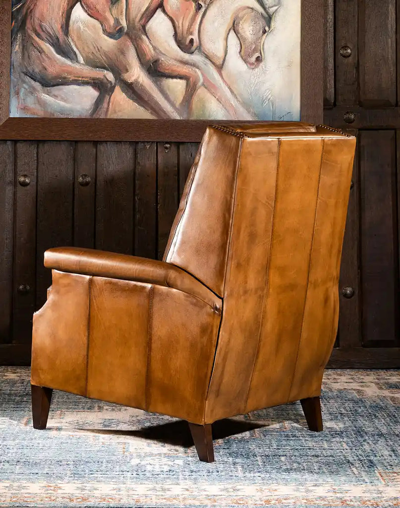 Rear view of the Gents Saddle Leather Recliner, showcasing its sturdy hardwood frame and fine stitching.