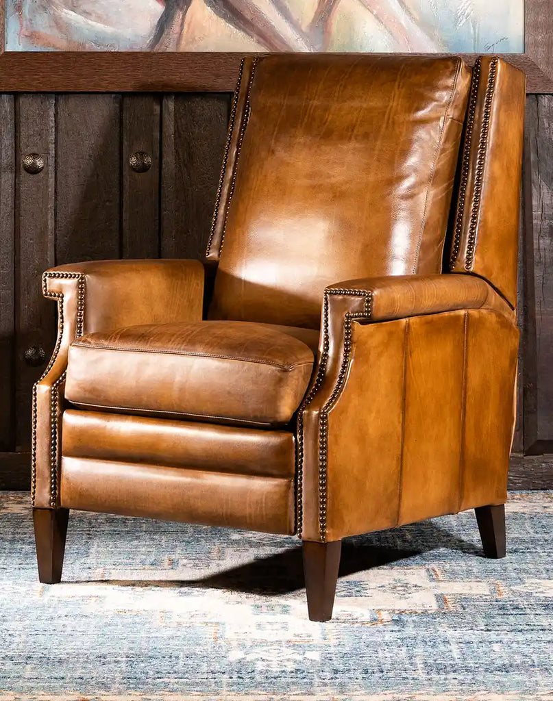 Gents Saddle Leather Recliner showcasing its hand-burnished leather finish and elegant craftsmanship.