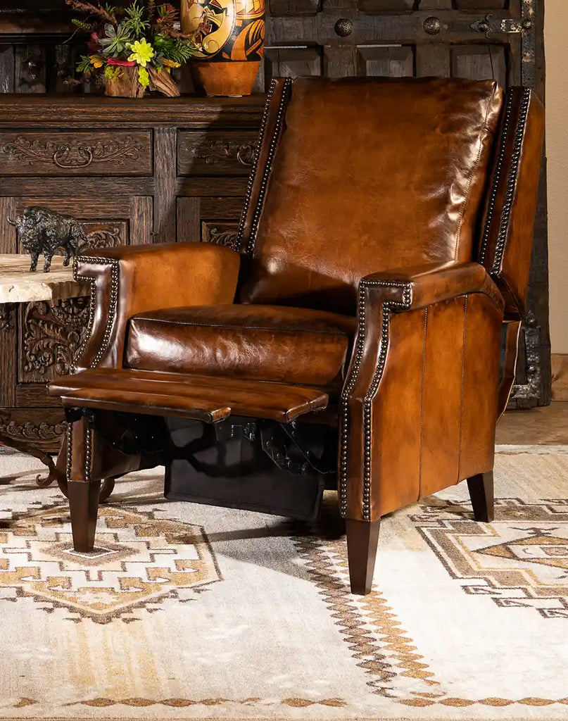 The Gents Tan Leather Recliner fully extended, displaying its comfortable recline function and sturdy build.