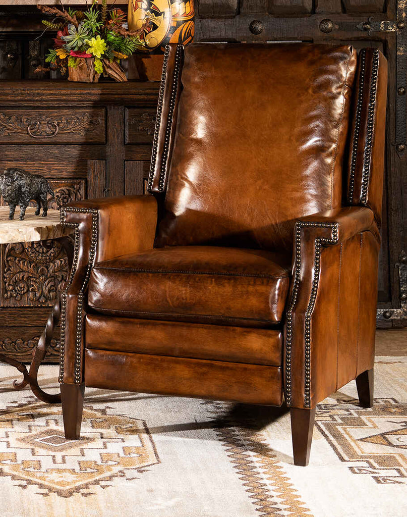 Gents Tan Leather Recliner showcasing its hand-burnished leather and elegant craftsmanship.