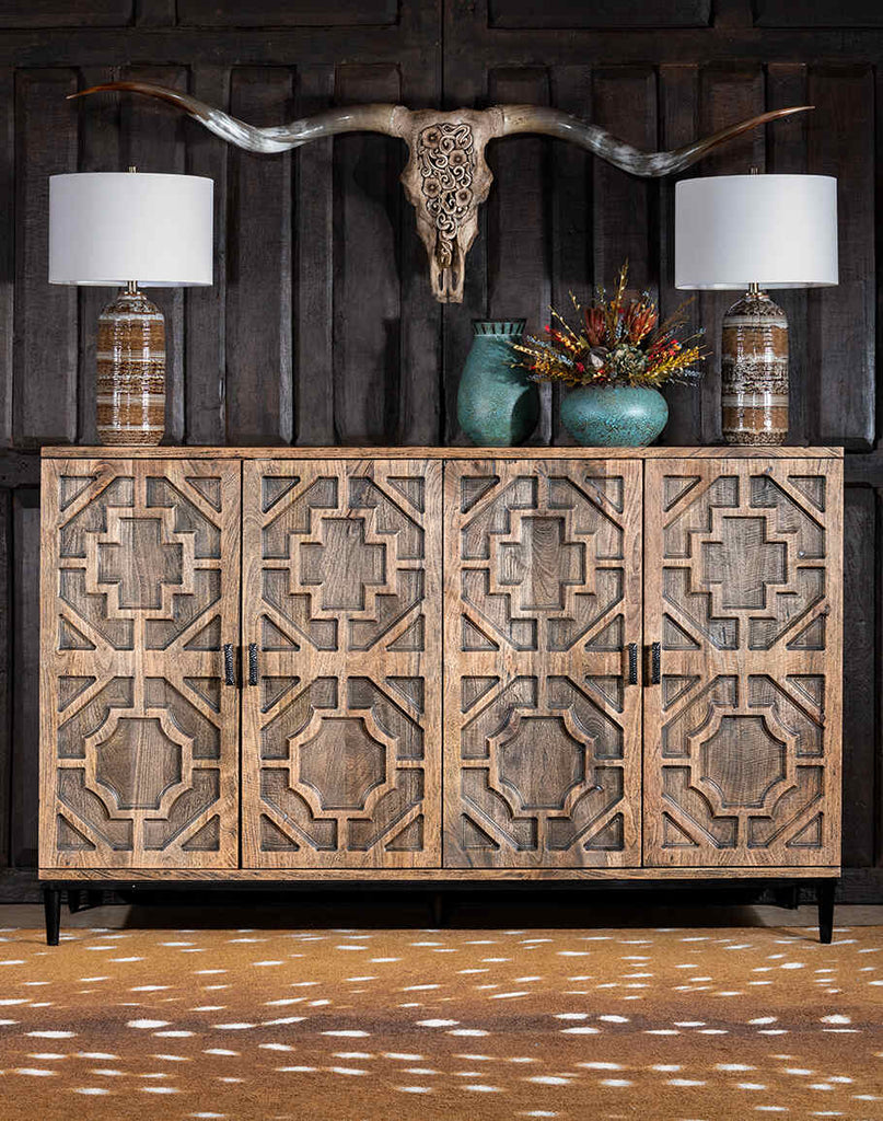 Geometric Carved Buffet showcasing its four intricately carved doors, sleek metal base, and elegant reserve finish.