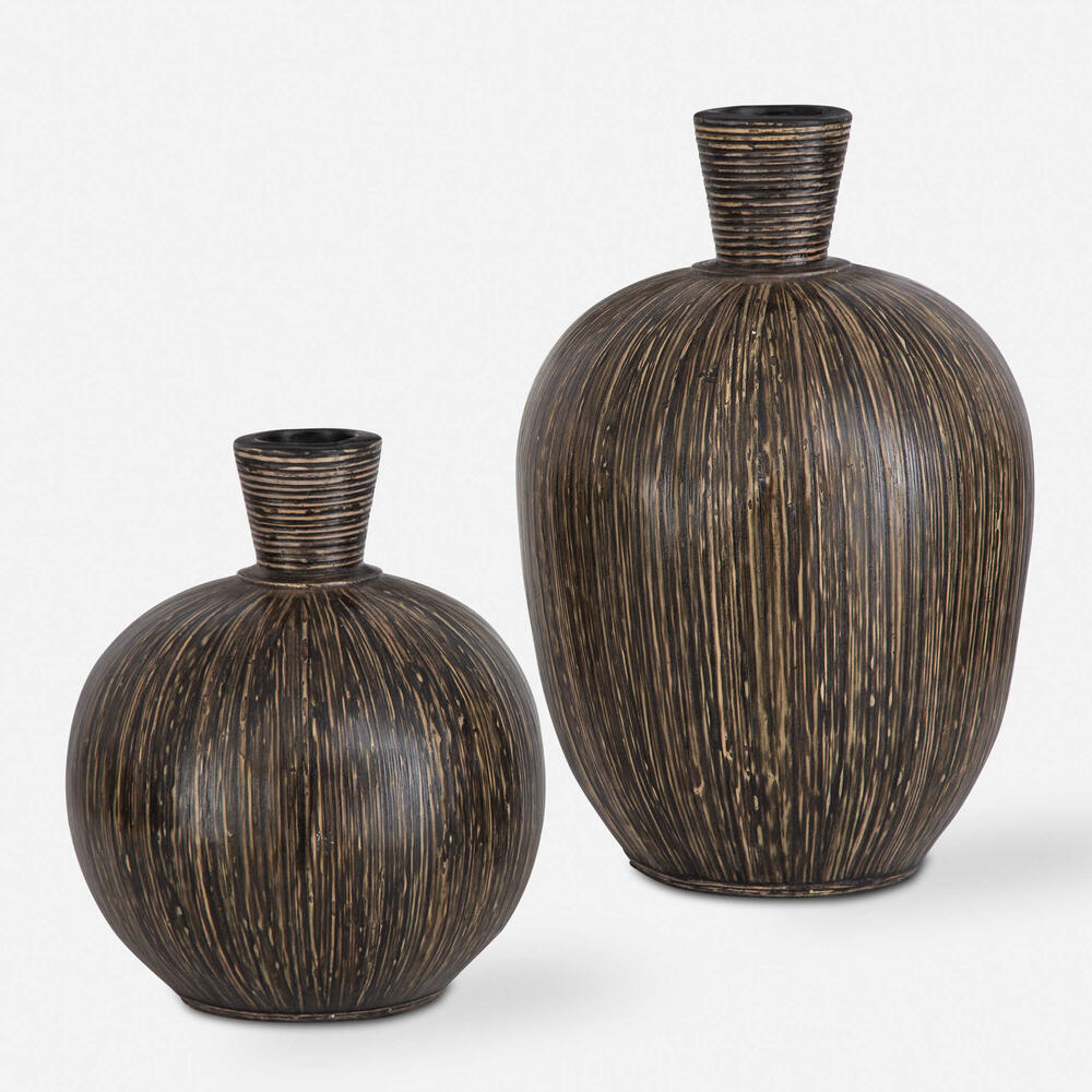 Set of 2 Isla Terra Cotta vases featuring hand-applied bamboo stripes and a black washed finish.