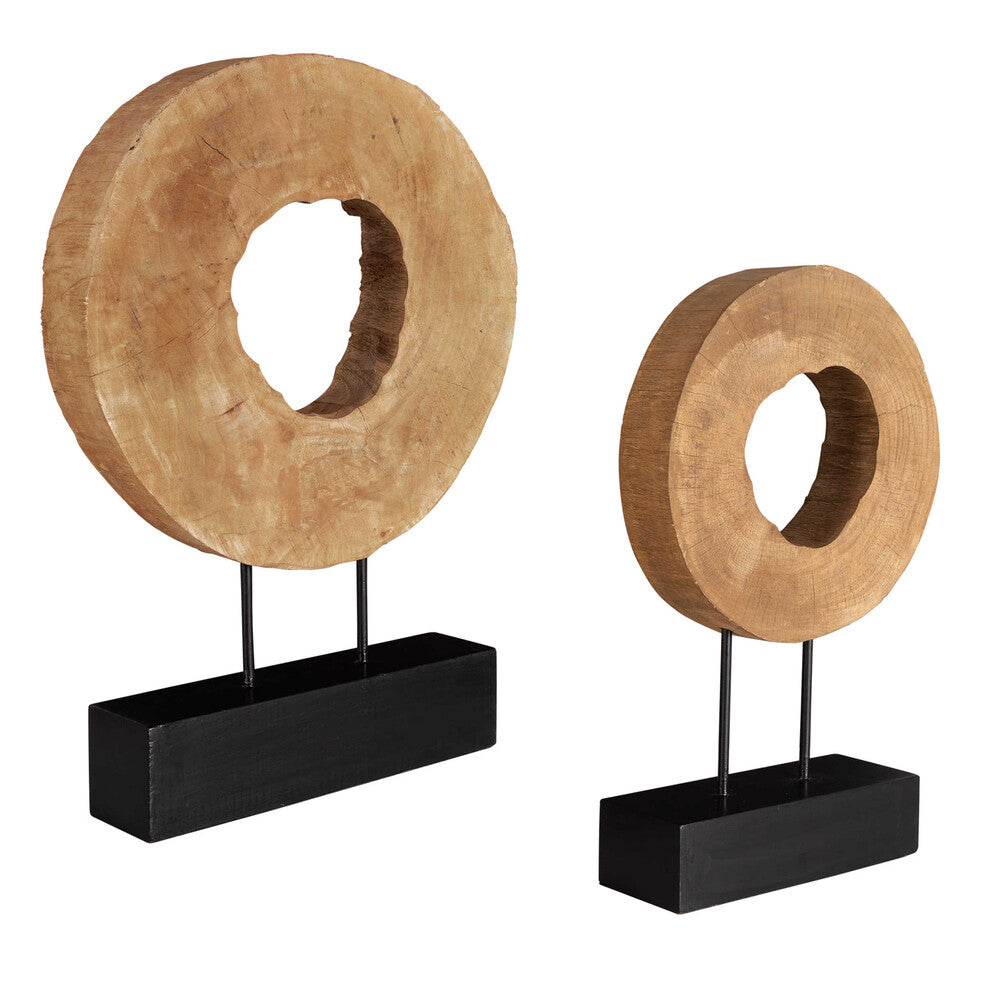 Set of mango wood logs in small and large sizes, elevated on matte black metal bases.