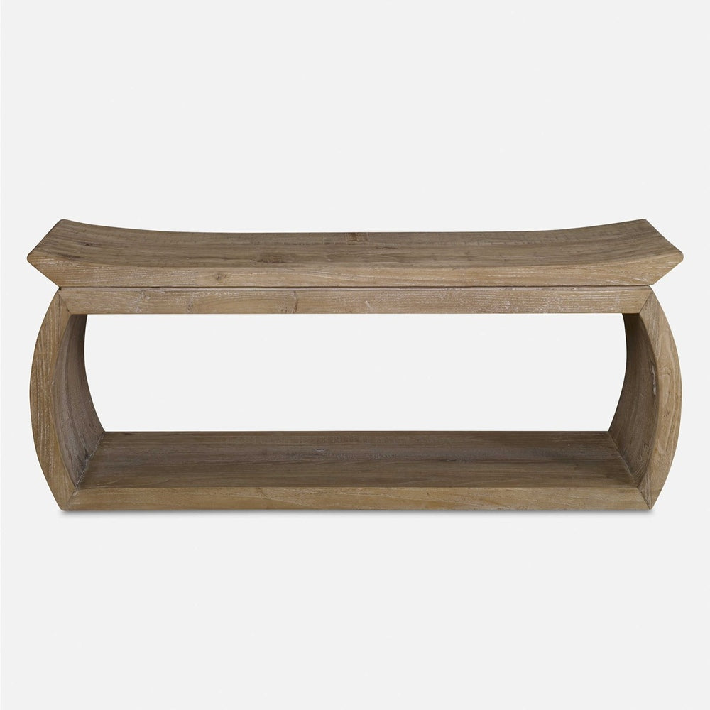 Minimalist wooden accent bench featuring a natural grained surface and open shelf design.