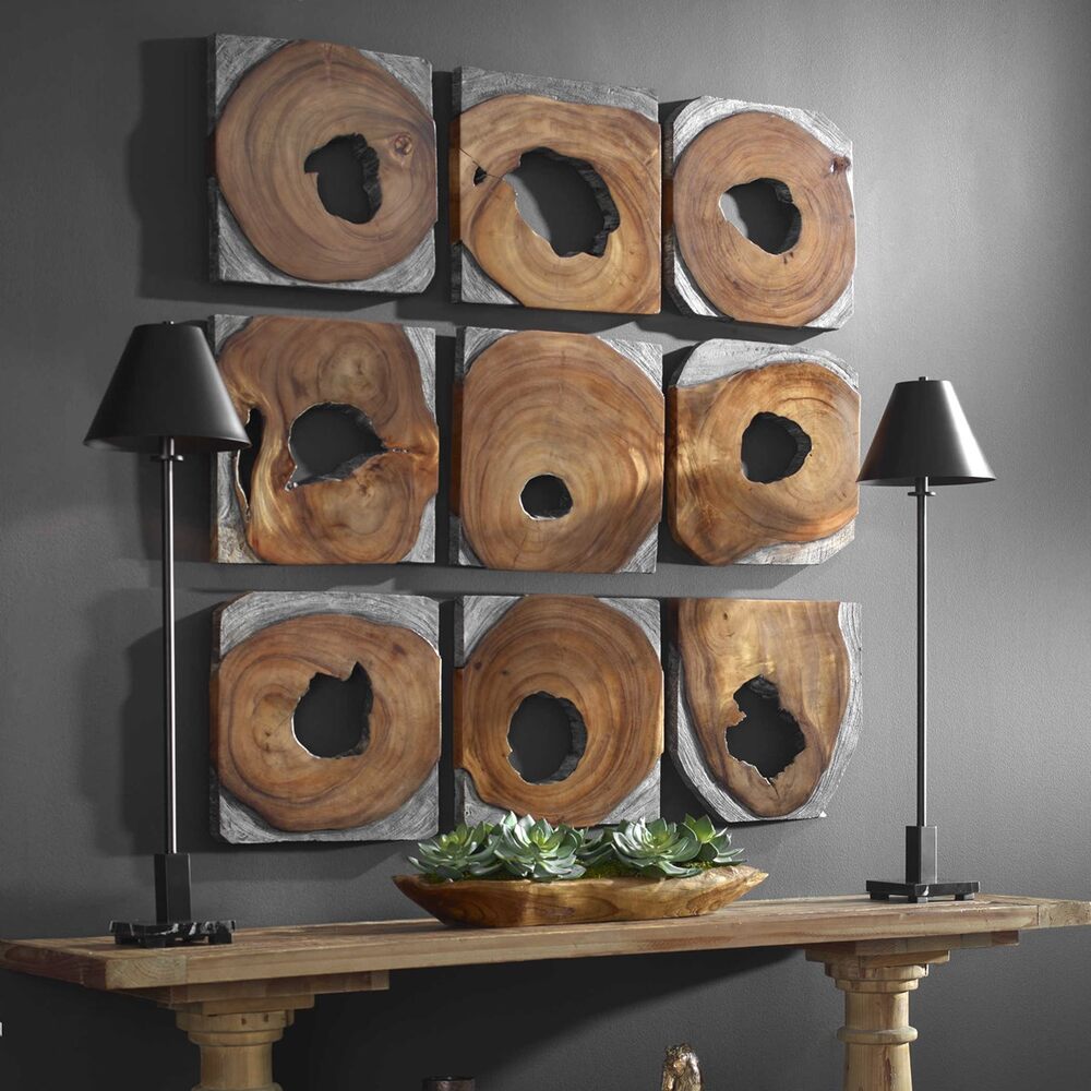 Set of 9 suar wood wall pieces with dual-tone coffee brown and rustic black carved finish.