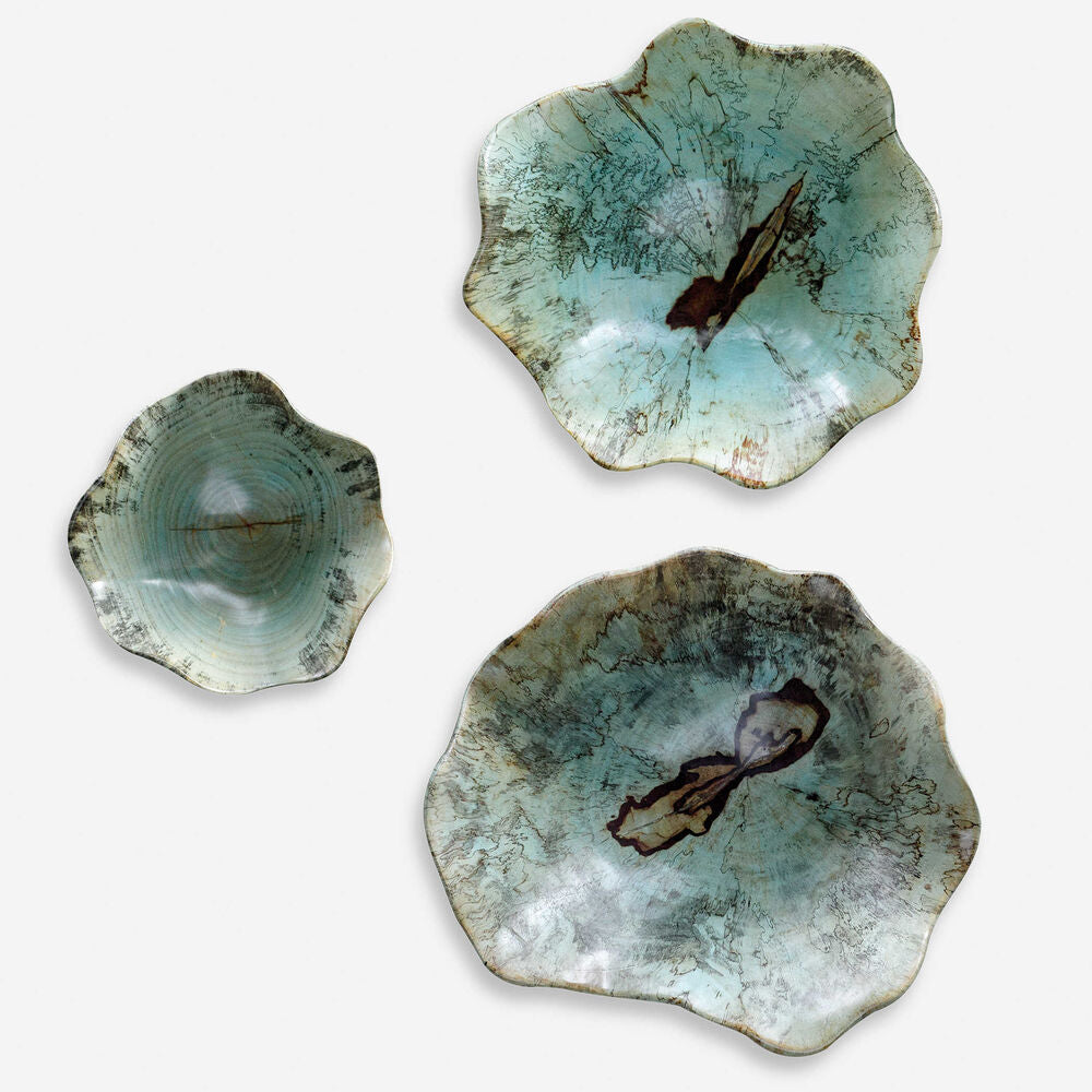 Set of 3 handcrafted tamarind wood wall decor pieces with a blue-green finish and natural grain variations.