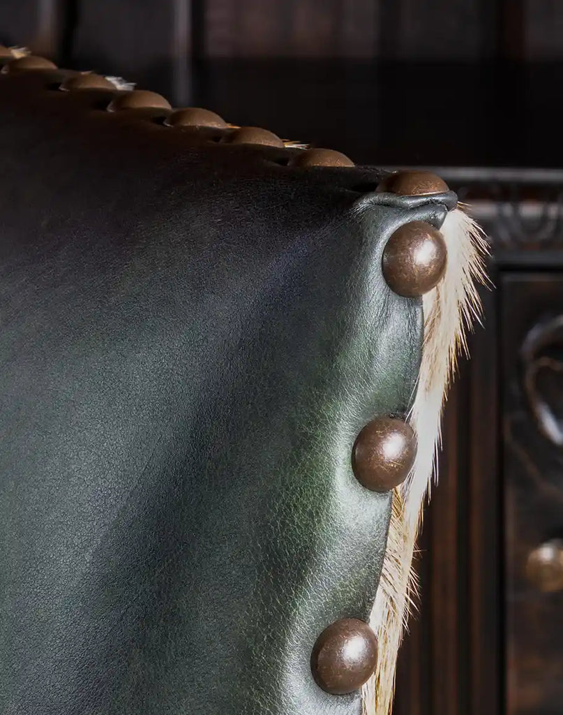 Close-up of the stitching and edges on the Forest Green Saguaro Leather Dining Chair, highlighting its premium handmade quality.