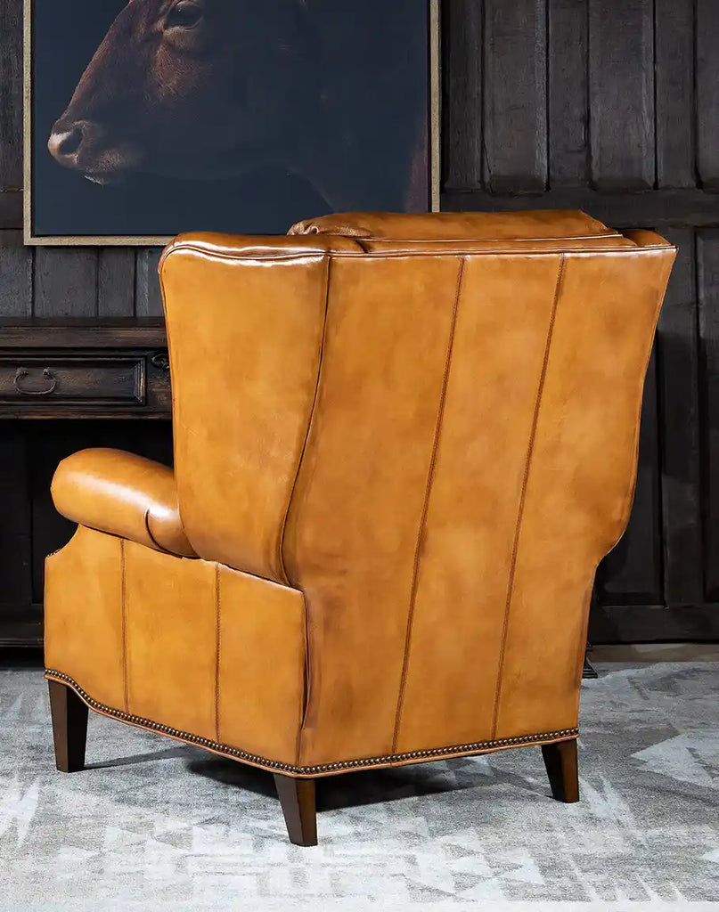 Rear view of the Hollywood Leather Recliner, featuring a smooth, hand-finished leather back with clean stitching details.