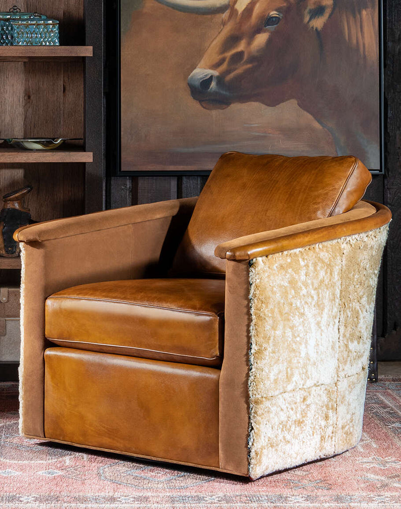 Hoof Boot Leather Swivel Chair showcasing its unique horseshoe design and full-grain leather upholstery.