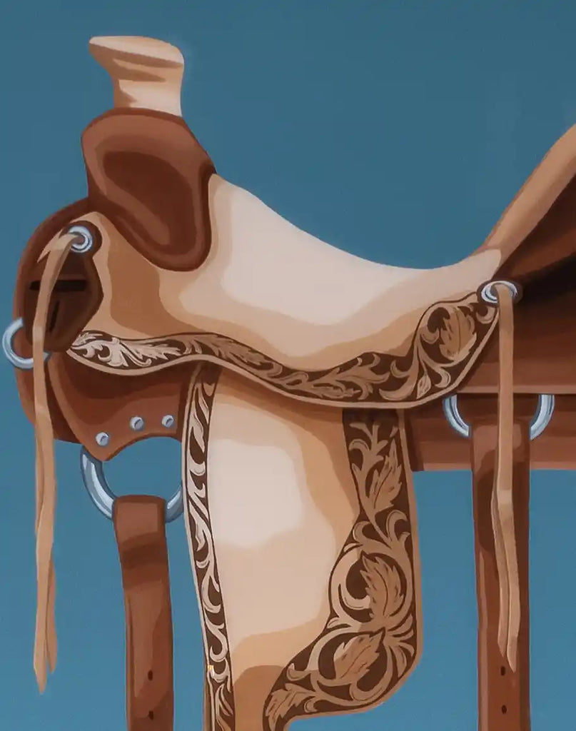 A close-up of the Horse Saddle Framed Art, highlighting the intricate details of the western saddle and the vibrant, lifelike colors of the sky blue background.