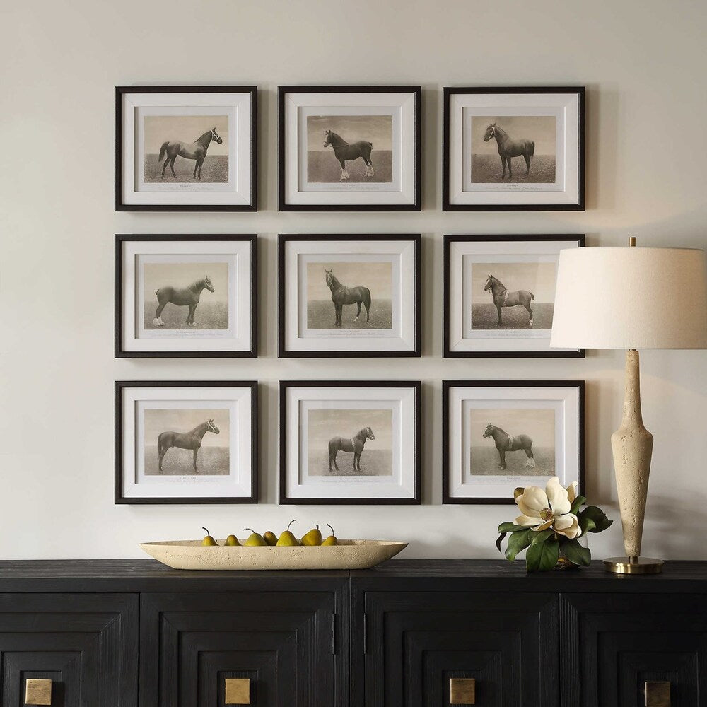 Collection of nine antiqued horse sketches, each encased in a beveled walnut frame with glass and accented by a white linen liner.