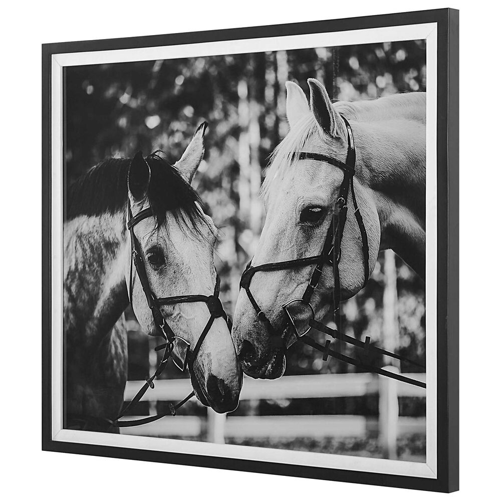 Artistic photograph of two horses in an intimate moment, framed with a black border and white mat