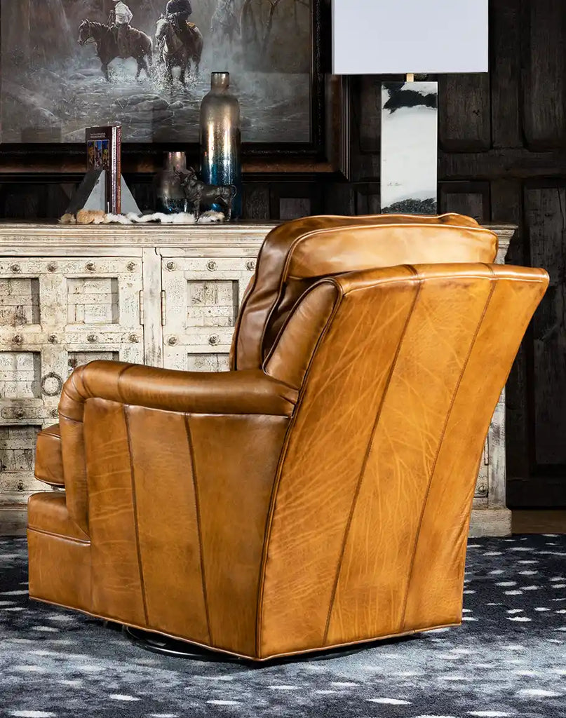 Back view of the Hulton Swivel Glide Chair, featuring smooth leather craftsmanship and a clean silhouette.