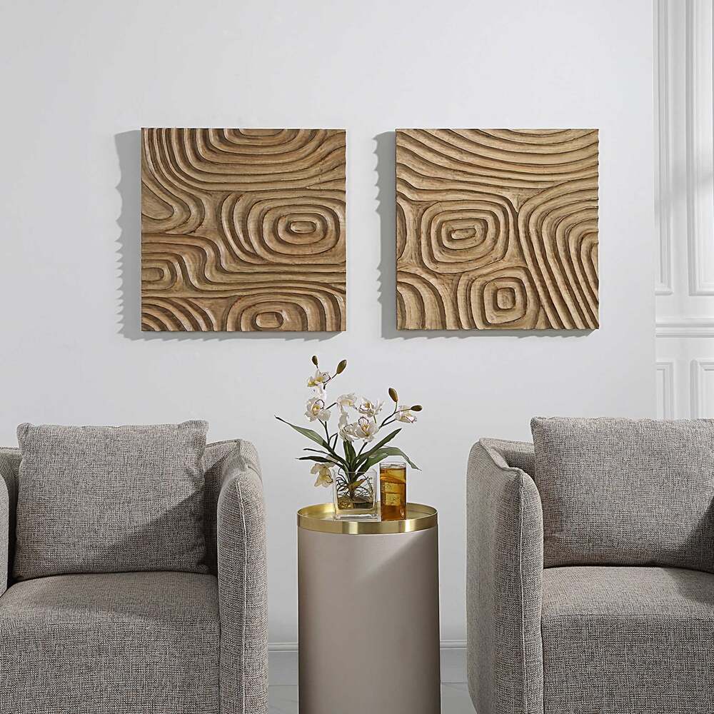 Solid pine wall decor panels with a unique Sand Maze design, emphasizing natural grain patterns and intricate carvings.