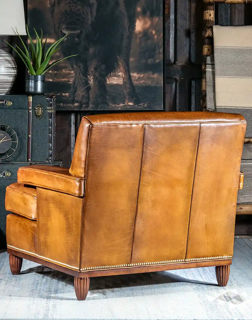 Back view of the Jaxon Leather Chair, featuring its meticulously hand-burnished finish and elegant craftsmanship.