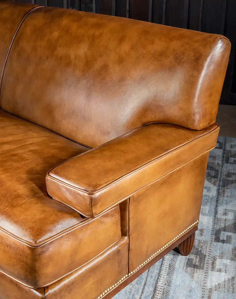 Corner angle of the Jaxon Leather Sofa showcasing the seamless upholstery and design excellence.