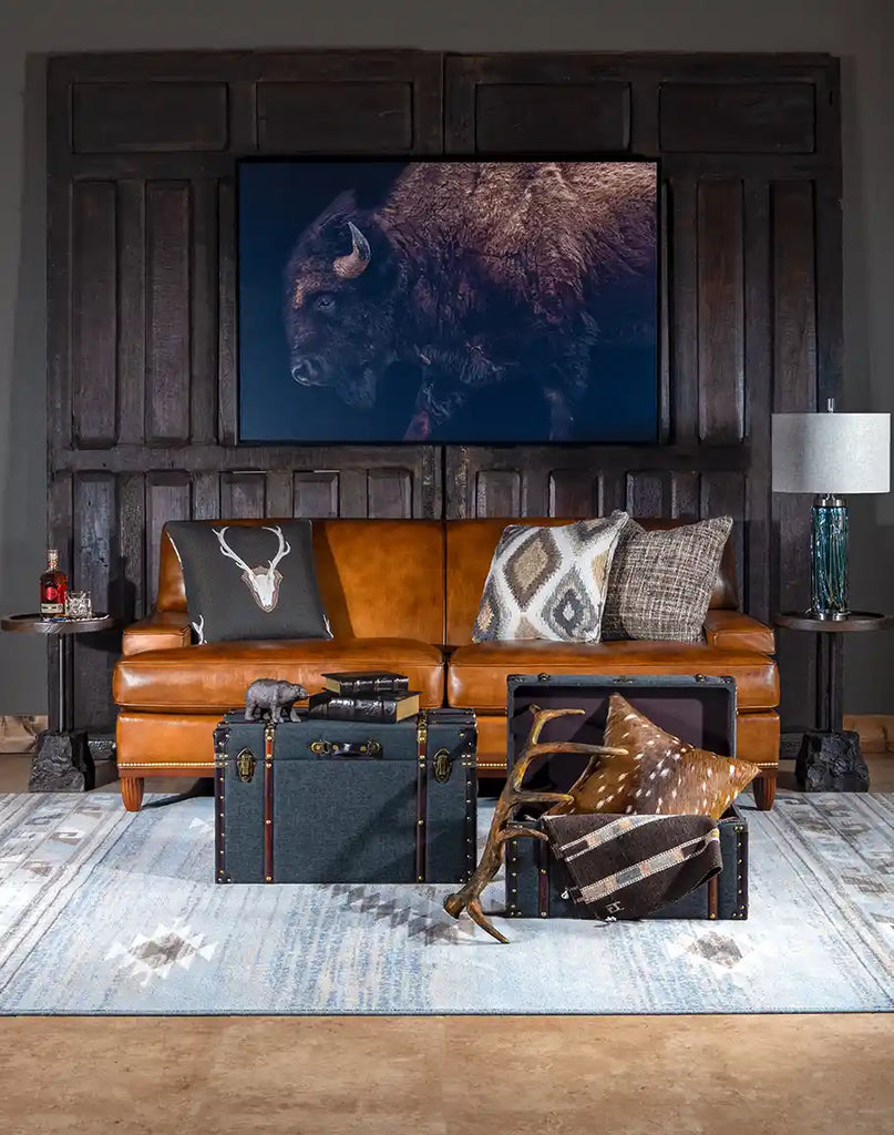 Jaxon Leather Sofa placed in a living room setting, enhancing the space with its rustic charm.